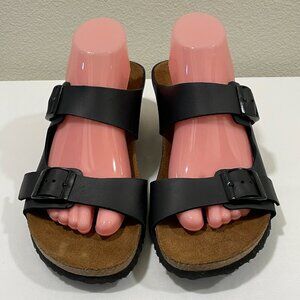 PAPILLIO Birkenstock "Emina" Cork & Leather 2 Strap Wedge Slip in, Black - 42/11